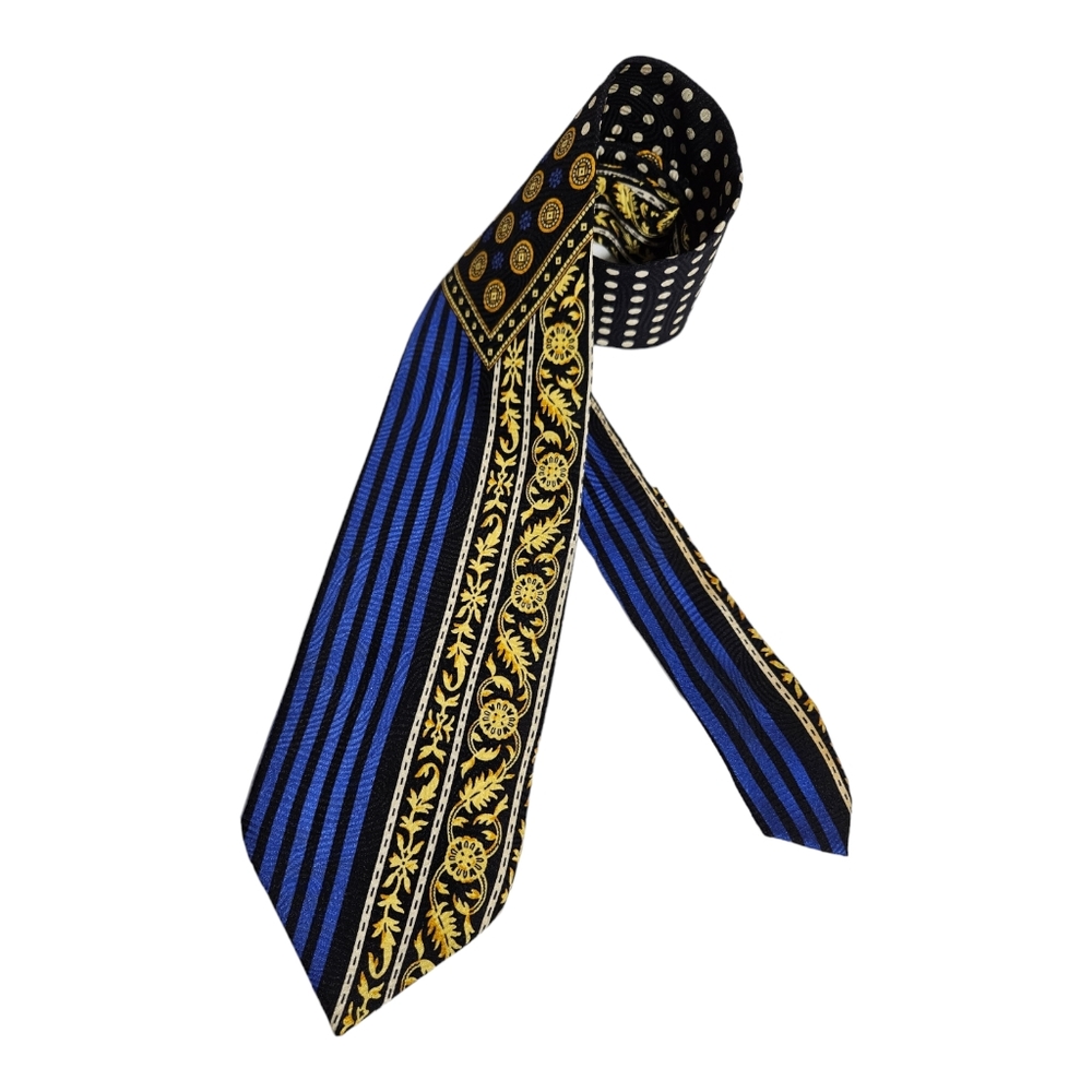 V2 BY VERSACE Black/Blue/Gold Multi-Pattern Silk LUXURY Tie ITALY